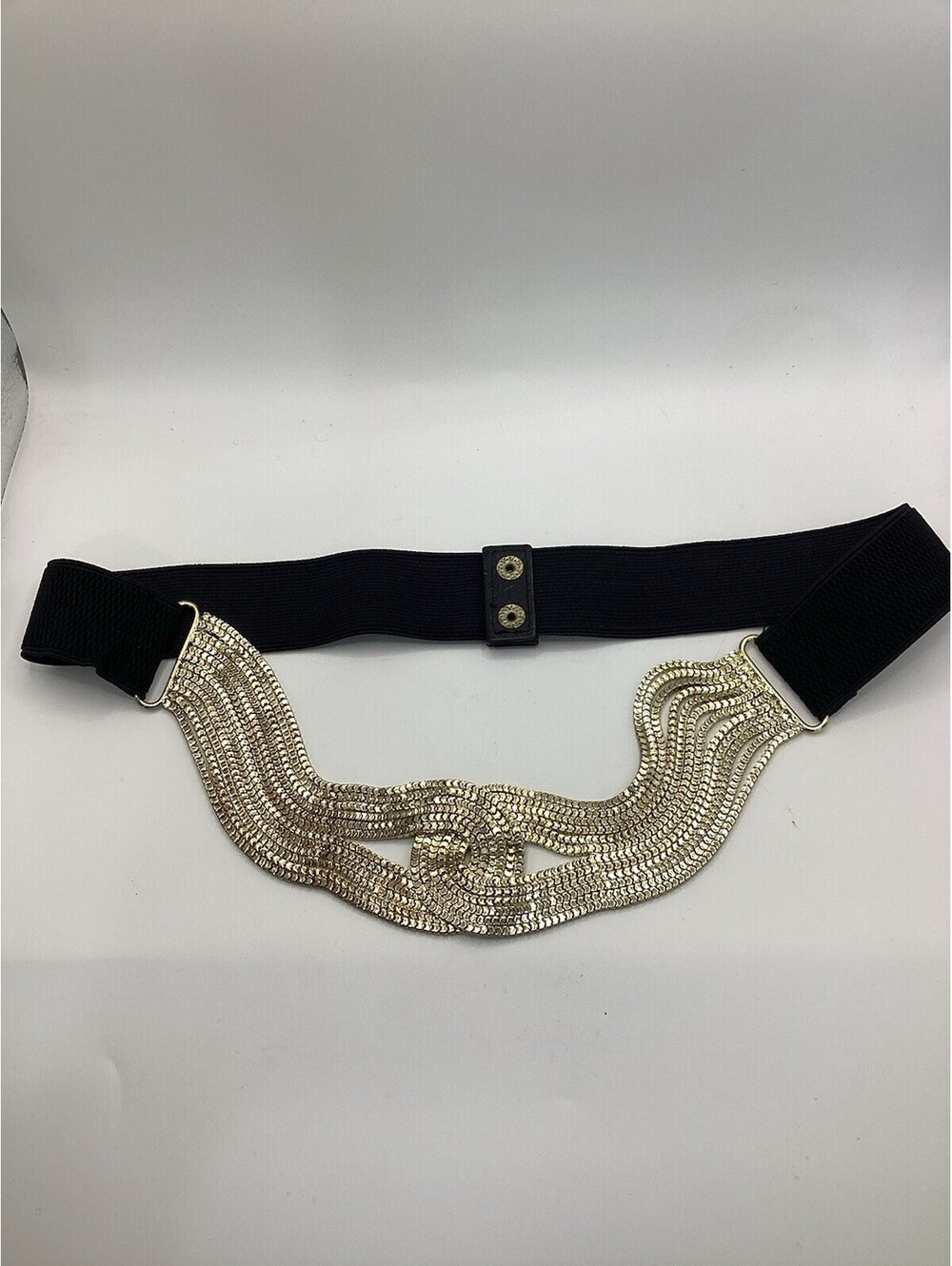 Vintage Black Elastic Waist Belt With Gold Metal Interlocking Chain ML